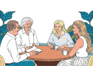 Groupe de 4 personnes autour d'une table ronde discutant des possibilités d'hébergement pour des personnes âgées